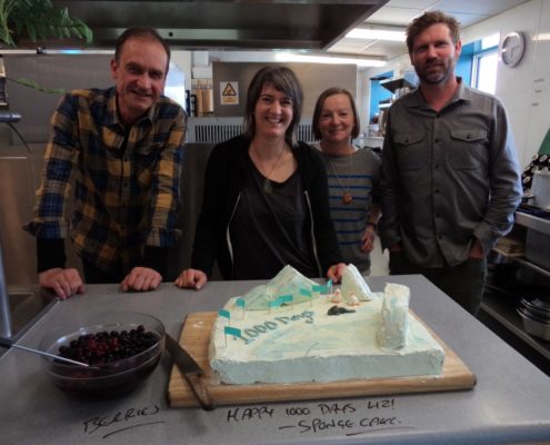Conservation team members Martin Wenzel, Lizzie Meek, Nicola Dunn and Mike Gillies celebrate Lizzie's 1000 days on the Ice