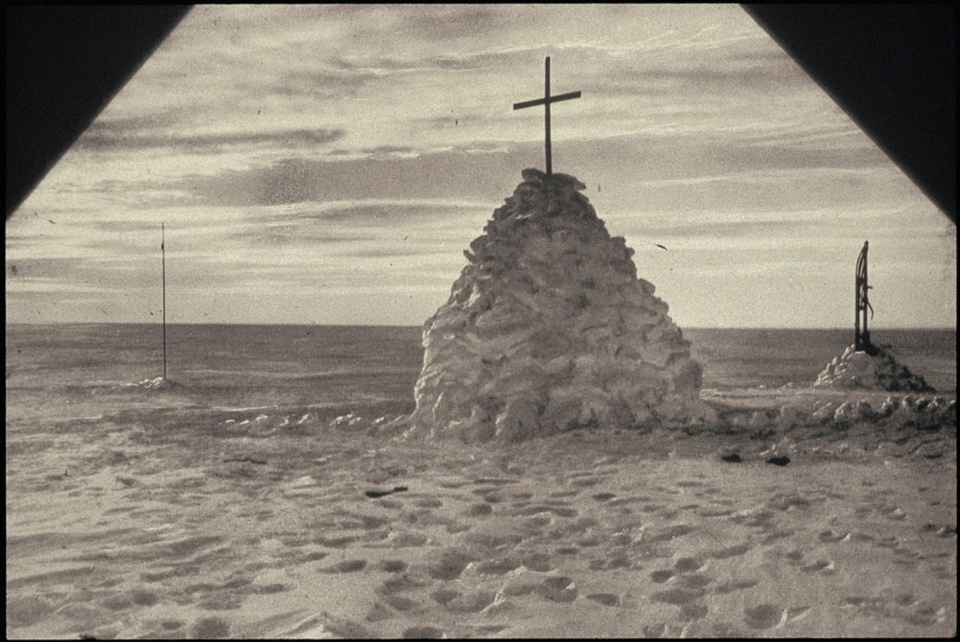 Snow cairn erected over the bodies of Scott, Wilson and Bowers, 1912