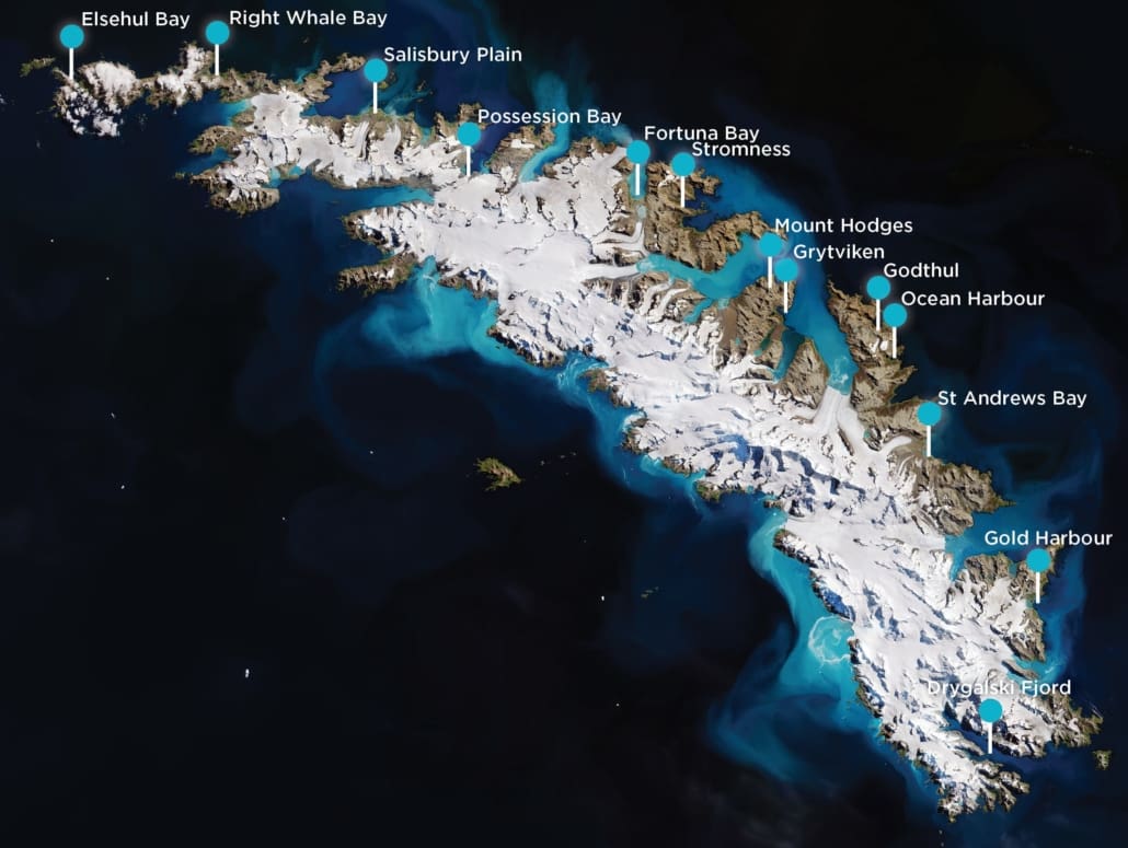Map of South Georgia, with locations pinned