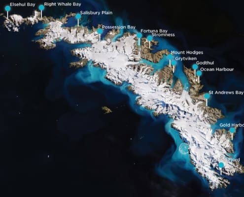 00_All Locations Map of South Georgia, with locations pinned