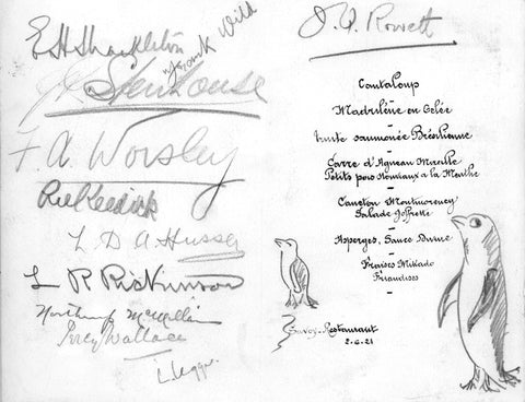 #OnThisDay in 1921, the decision to go South as part of the Shackleton-Rowett 'Quest' Expedition 1921-22 was confirmed!

Shackleton met with several men who joined him on the Imperial Trans-Antarctic Expedition 1914-17, both 'Endurance' and 'Aurora' party members; Frank Worsley, Frank Wild, Leonard Hussey, Lewis Rickinson and Joseph Stenhouse, as well as his partner John Quiller Rowett, Lee Keedick, Northrup McMillan, Percy Wallace and Laurence Legge. The men dined at the Savoy Restaurant in London, and all signed the menu, complete with drawings of penguins.

📸 Signed menu at Savoy Resturant. Copyright unknown. Sourced from @QuestChronicle